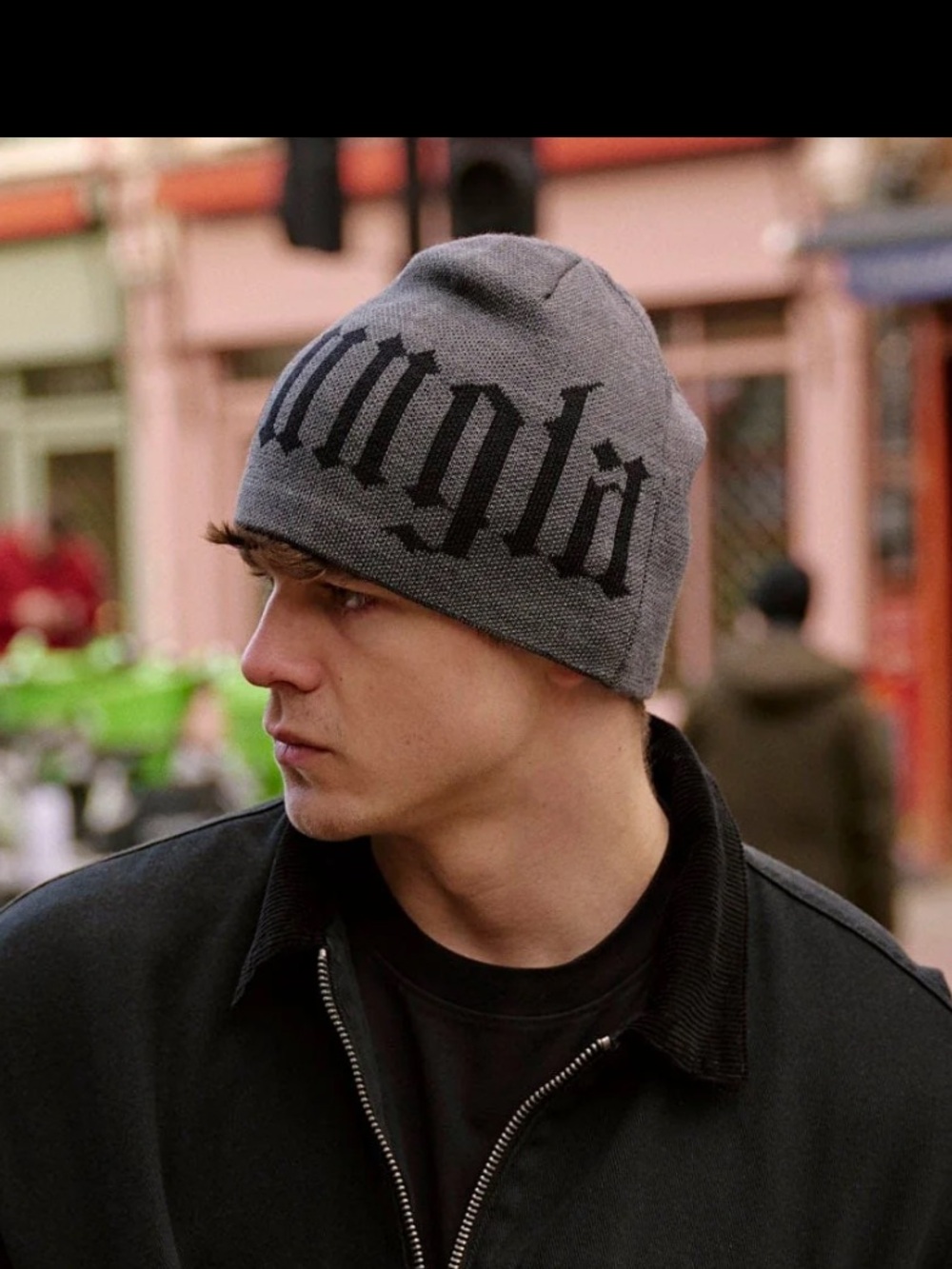 YoungLA Gray Beanie with Black Gothic Logo
